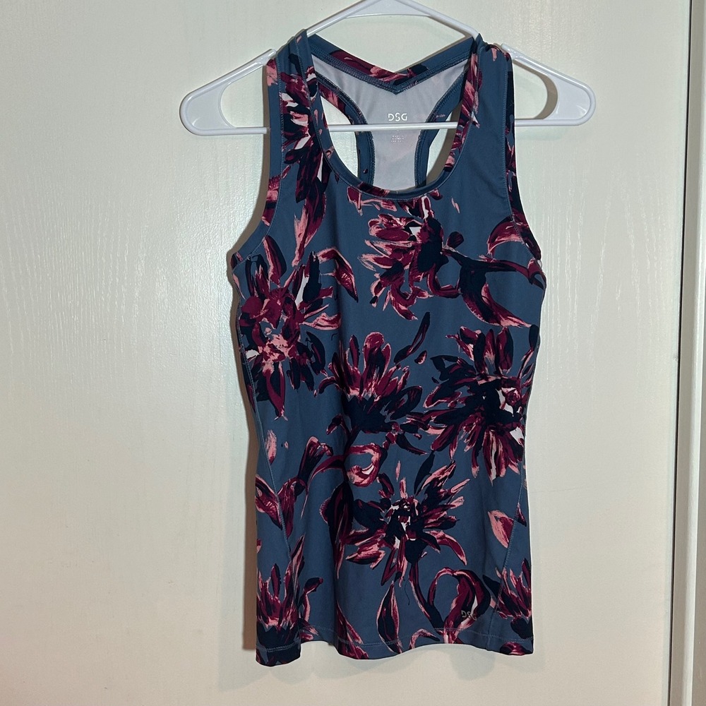 DSG Womens Blue Floral Racerback Performance Athletic Tank Top Size‎ Small